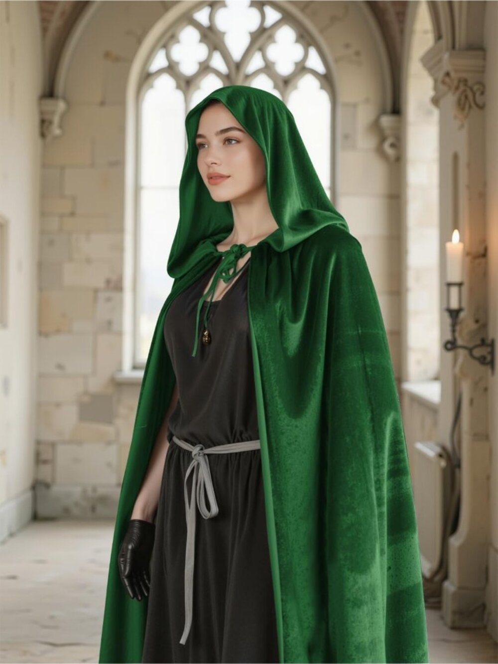 Adult Green Velvet Hooded Cloak Cape Halloween Witch Vampire Cosplay Costume - Picture 3 of 6
